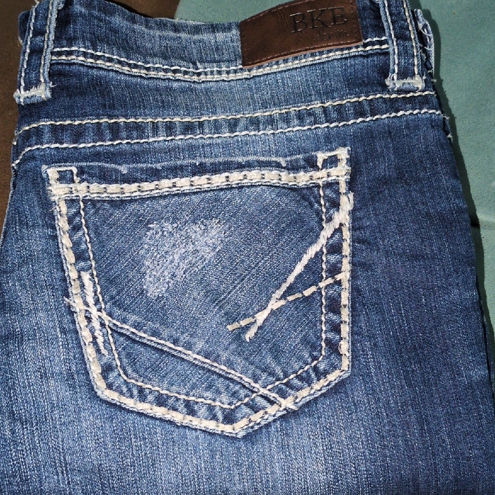 BKE Blue Jeans with Geometric Stitching and Distressed Look